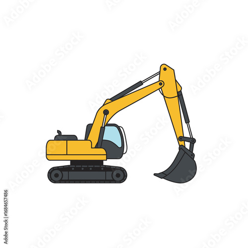 A vibrant yellow excavator, a powerful piece of heavy machinery, stands ready for digging and earthmoving tasks, symbolizing construction progress.