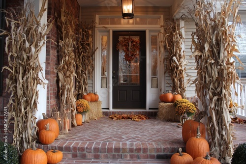 Autumn porch decorated with pumpkins and cornstalks showcasing fall harvest elements in a charming suburban neighborhood