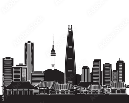 Black and white silhouette of the Seoul, South Korea skyline featuring skyscrapers, the N Seoul Tower, and traditional Korean architecture.