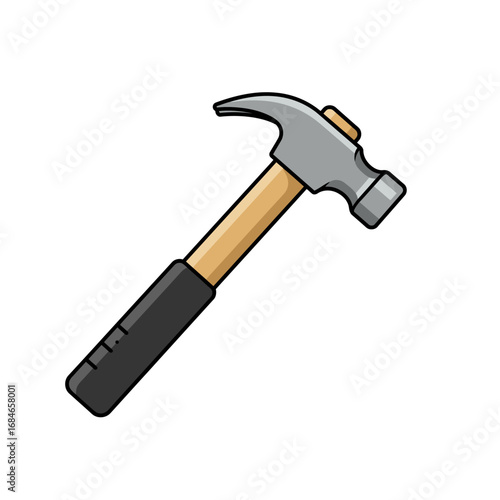A classic claw hammer with a wooden handle and a black rubber grip is essential for various construction, carpentry, and DIY home improvement tasks.