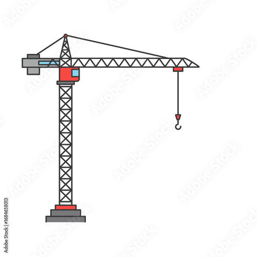A clean, modern flat design illustration of a towering construction crane, symbolizing urban development, industrial progress, and essential heavy lifting.