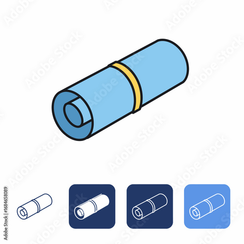 A clean, modern icon illustrates a light blue rolled mat, blanket, or towel, secured with a yellow band, suggesting portability for various activities.