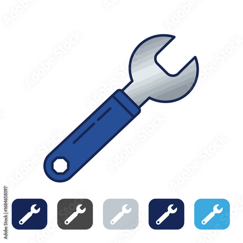 A modern, flat design icon depicting a blue and silver wrench, symbolizing repair, maintenance, and essential mechanical work.