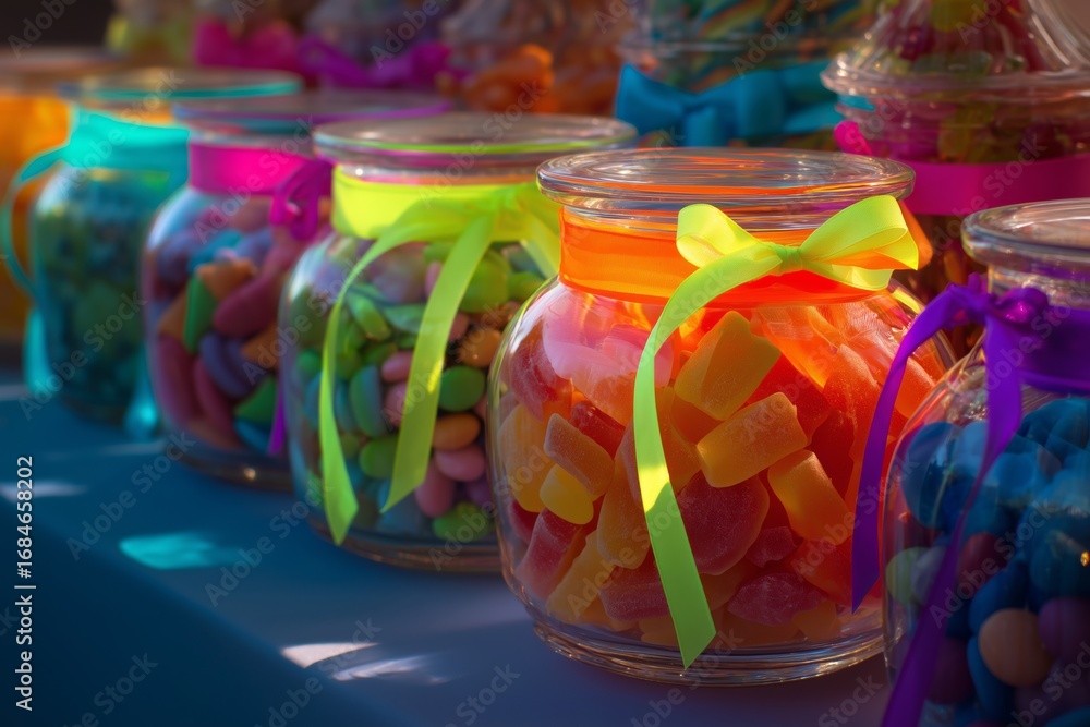 Fototapeta premium Colorful jars filled with assorted candies at a vibrant outdoor market during a sunny day celebration
