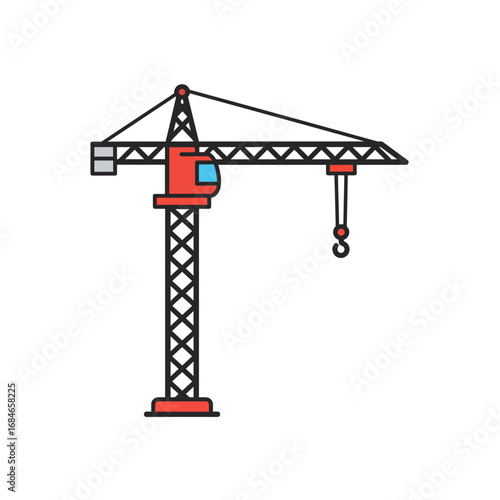 A vibrant red and black tower crane illustration stands tall, symbolizing the dynamic processes of modern construction, urban development, and heavy industry.
