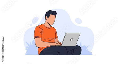 Casual young adult using a laptop, illustrating remote work, online education, or personal digital connectivity and modern lifestyle.