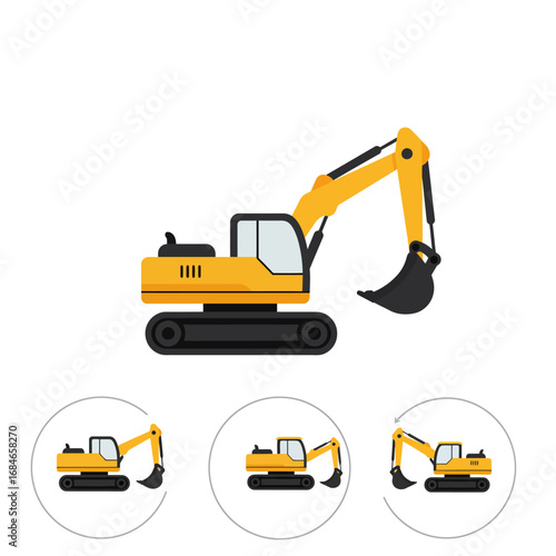 A vibrant yellow excavator, representing essential heavy construction equipment, is depicted in a clean, modern flat vector design, isolated on white, ideal for industrial use.