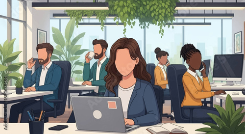 Diverse professionals work diligently in a modern, green open-plan office, focusing on tasks and calls, embodying productivity and teamwork in a contemporary workspace.