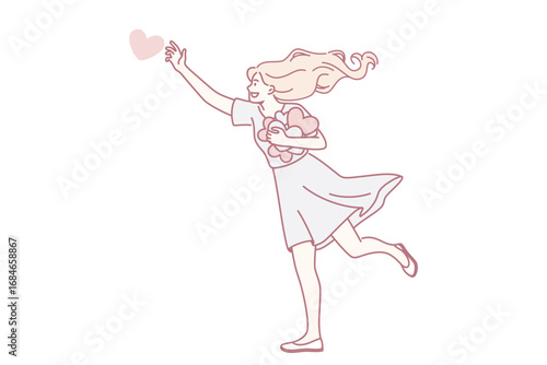 Heart, love and happiness concept. Young smiling woman cartoon character walking collecting red hearts in hands feeling love vector illustration