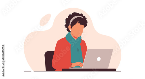 Focused woman diligently working on her laptop at a desk. Ideal for concepts of remote work, online education, business productivity, and digital communication.