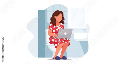 Woman multitasking on a toilet, working on her laptop in the bathroom. Illustrates remote work, always-on connectivity, or busy lifestyle.