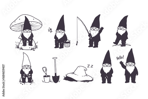 Cute Garden Gnome Vector Set in Different Poses Black and White Illustration