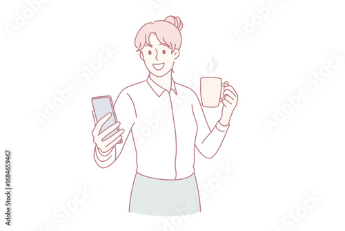 Making selfie and technologies concept. Young smiling woman office worker cartoon character standing holding cup oh hot drink making selfie on camera vector illustration
