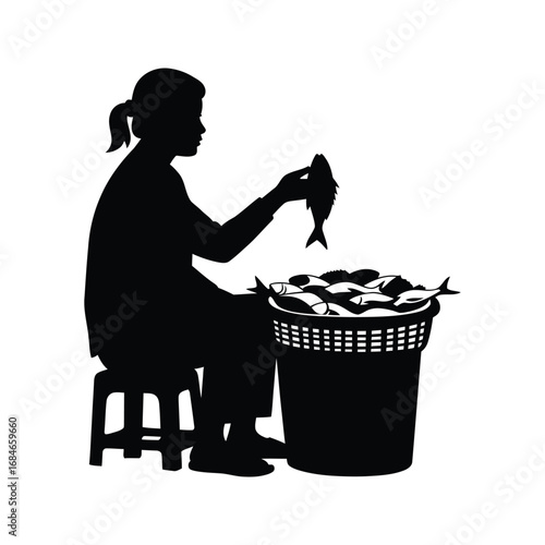 Silhouette of a Woman Selling Fresh Fish from a Basket at a Market