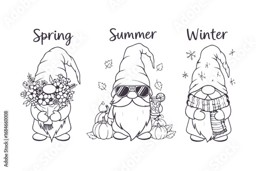 Cute Garden Gnome Vector Set in Different Poses Black and White Illustration