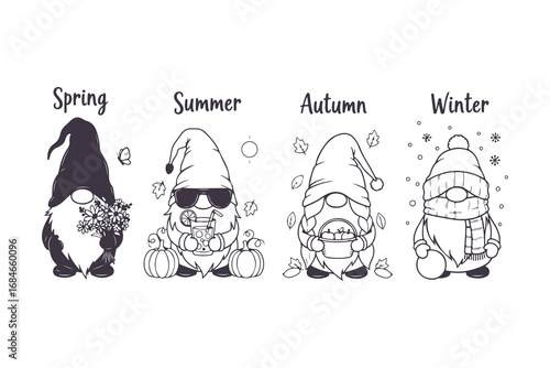 Cute Garden Gnome Vector Set in Different Poses Black and White Illustration