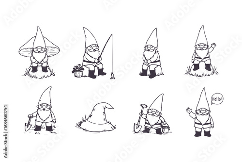 Cute Garden Gnome Vector Set in Different Poses Black and White Illustration