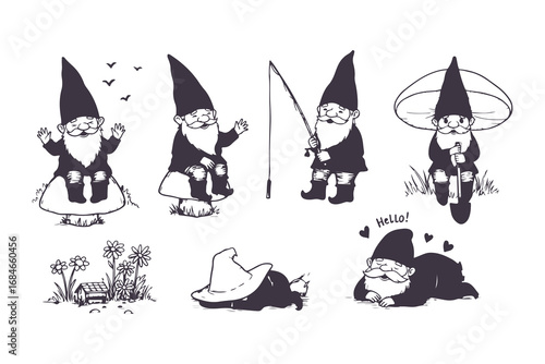 Cute Garden Gnome Vector Set in Different Poses Black and White Illustration