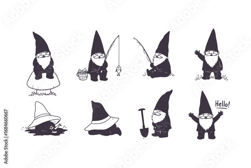 Cute Garden Gnome Vector Set in Different Poses Black and White Illustration