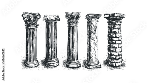 Collection of five antique columns with ornate capitals and varied textures. Vector hand drawn illustration