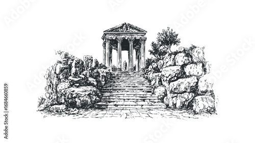 Ancient stone steps ascend to classical temple architecture with trees and rocks. Vector hand drawn illustration