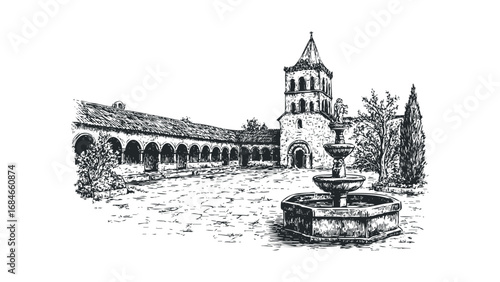 Ink Sketch of Historic Courtyard with Fountain and Tower. Vector hand drawn illustration