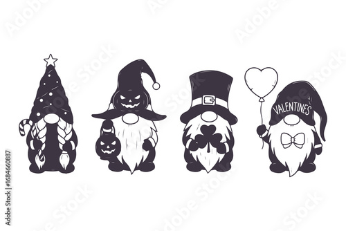 Cute Garden Gnome Vector Set in Different Poses Black and White Illustration