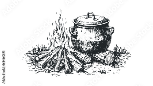 Campfire cooking pot with firewood and flames. Vector hand drawn illustration