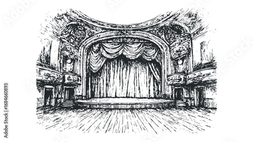 Intricate Sketch of an Empty Theater Stage with Velvet Curtains and Ornate Balconies. Vector hand drawn illustration