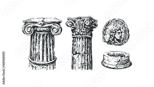 Ancient stone column parts and carved head fragment. Vector hand drawn illustration