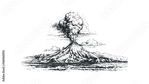 Volcano Eruption with Smoke Plume and Distant Mountains in Sketch Style. Vector hand drawn illustration