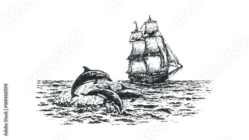 Sailboat on the ocean with dolphins jumping through waves. Vector hand drawn illustration