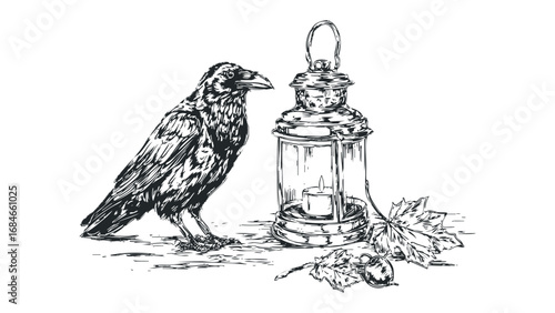 Black bird with lantern and maple leaves in ink drawing style. Vector hand drawn illustration