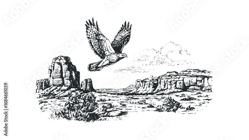 Hawk soaring above mesas and scrub brush in a detailed sketch style. Vector hand drawn illustration