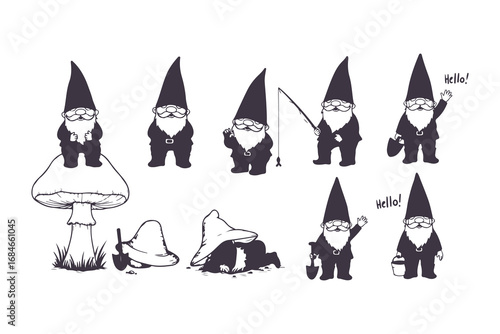 Cute Garden Gnome Vector Set in Different Poses Black and White Illustration