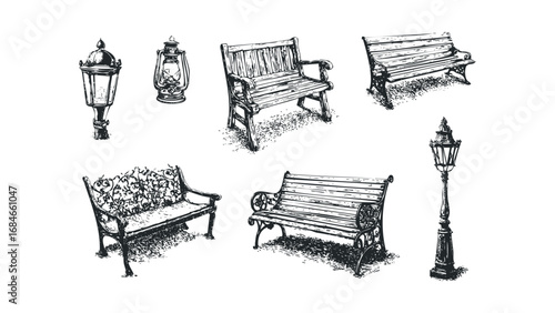 Park Benches and Lanterns Hand Drawn Style Graphic Elements. Vector hand drawn illustration