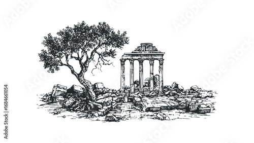 Ancient stone ruins with a tree and rocky ground. Vector hand drawn illustration