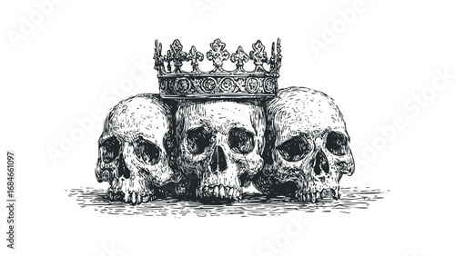 Three detailed skulls wearing a crown on a white. Vector hand drawn illustration