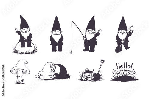 Cute Garden Gnome Vector Set in Different Poses Black and White Illustration