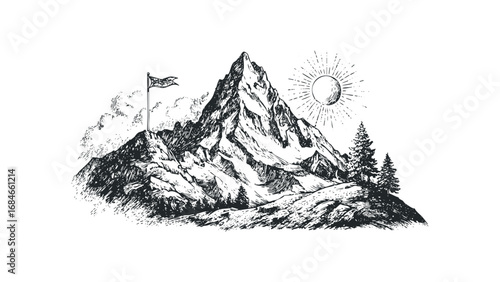 Mountain peak with flag and sunburst in sketchy vintage style. Vector hand drawn illustration