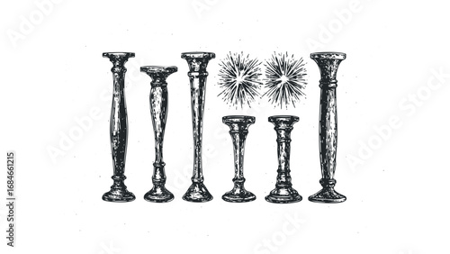 Collection of Antique Candlestick Holders and Decorative Accents. Vector hand drawn illustration