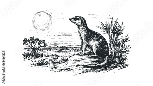 Sketch of a meerkat sitting on a hill in a savanna landscape with a tree and sun. Vector hand drawn illustration