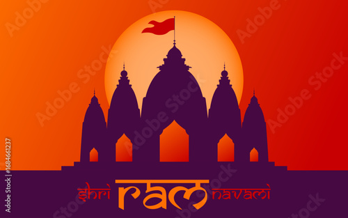 Illustration of Lord Ram bow arrow and temple background for Indian festival Ram Navmi.