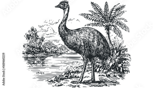 An elegant emu stands by a calm body of water with lush foliage and distant hills. Vector hand drawn illustration