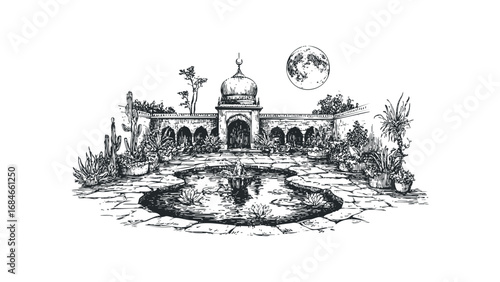 Hand Drawn Sketch of Courtyard with Pond and Dome Building Under Moon. Vector hand drawn illustration