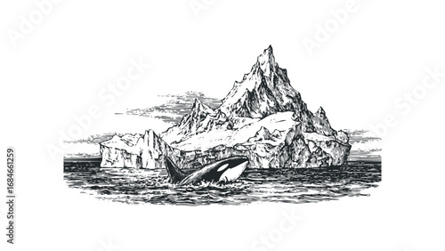 Orca whale surfacing near large icebergs in cold ocean water. Vector hand drawn illustration