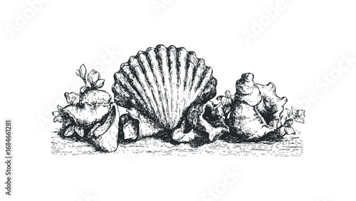 Detailed sketch of assorted seashells and delicate blossoms on a transparent background. Vector hand drawn illustration
