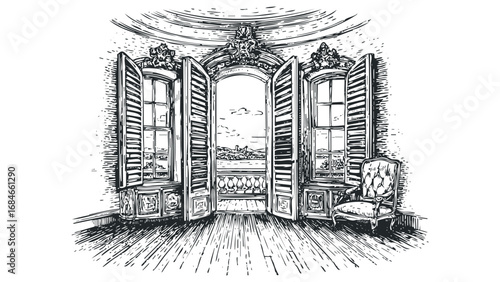 Ornate interior with open french doors revealing a landscape view and a plush armchair. Vector hand drawn illustration