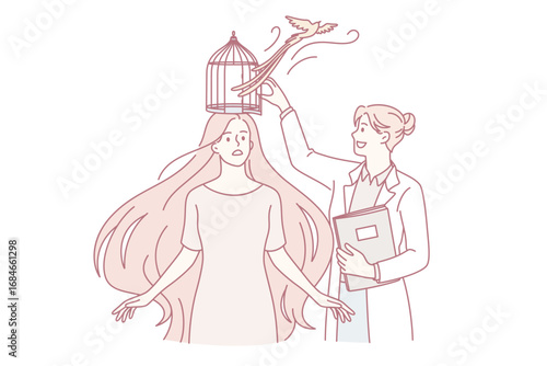 Psychological help and mental health concept. Young smiling woman doctor psychologist standing releasing woman patients head brain from cage vector illustration