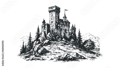 Ink sketch of a fortified castle perched on a rocky incline surrounded by trees. Vector hand drawn illustration